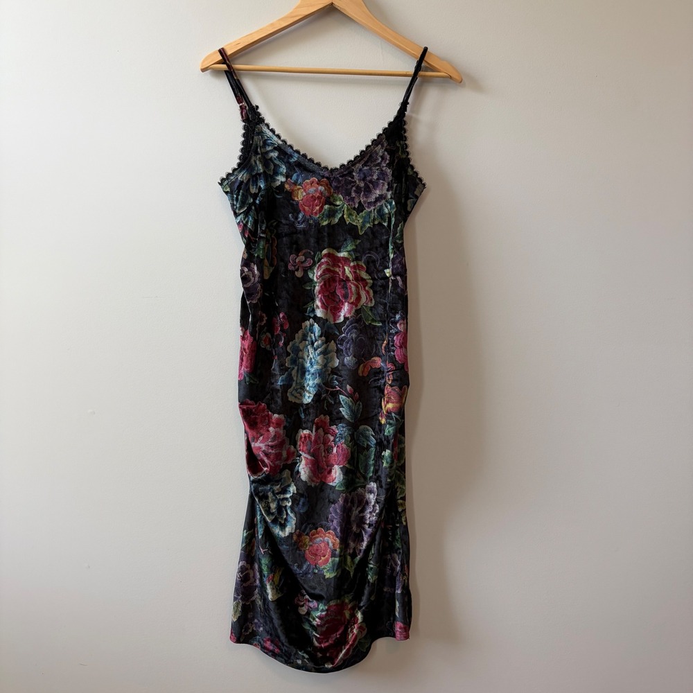 Octavia Maternity Floral Velvet Burnout Ruched Midi Dress Lace Trim Small S